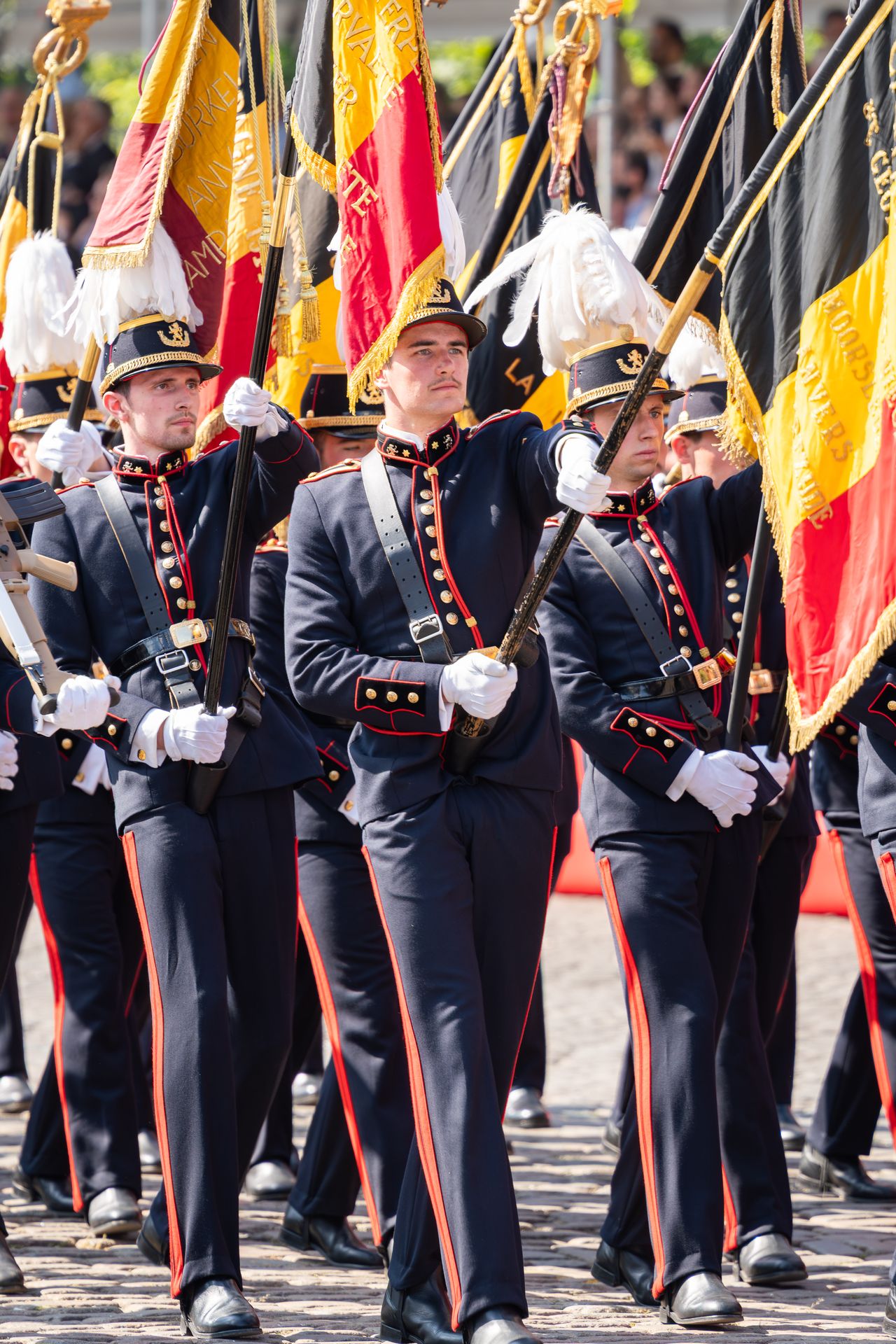Formation militaire défilant avec les drapeaux